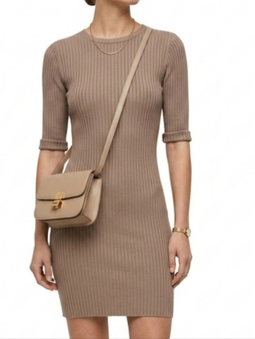 Zara Ribbed Midi Dress in Taupe Beige